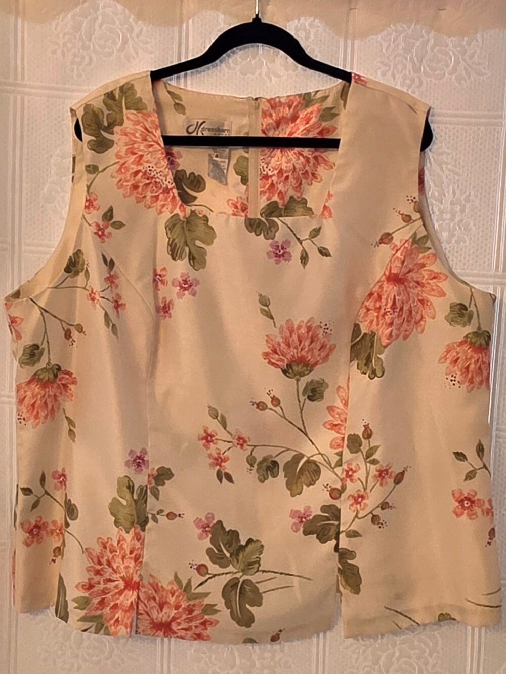 Dressbarn coral/cream/pink floral 3 piece pantsuit satin/linen look 24W - Picture 4 of 14